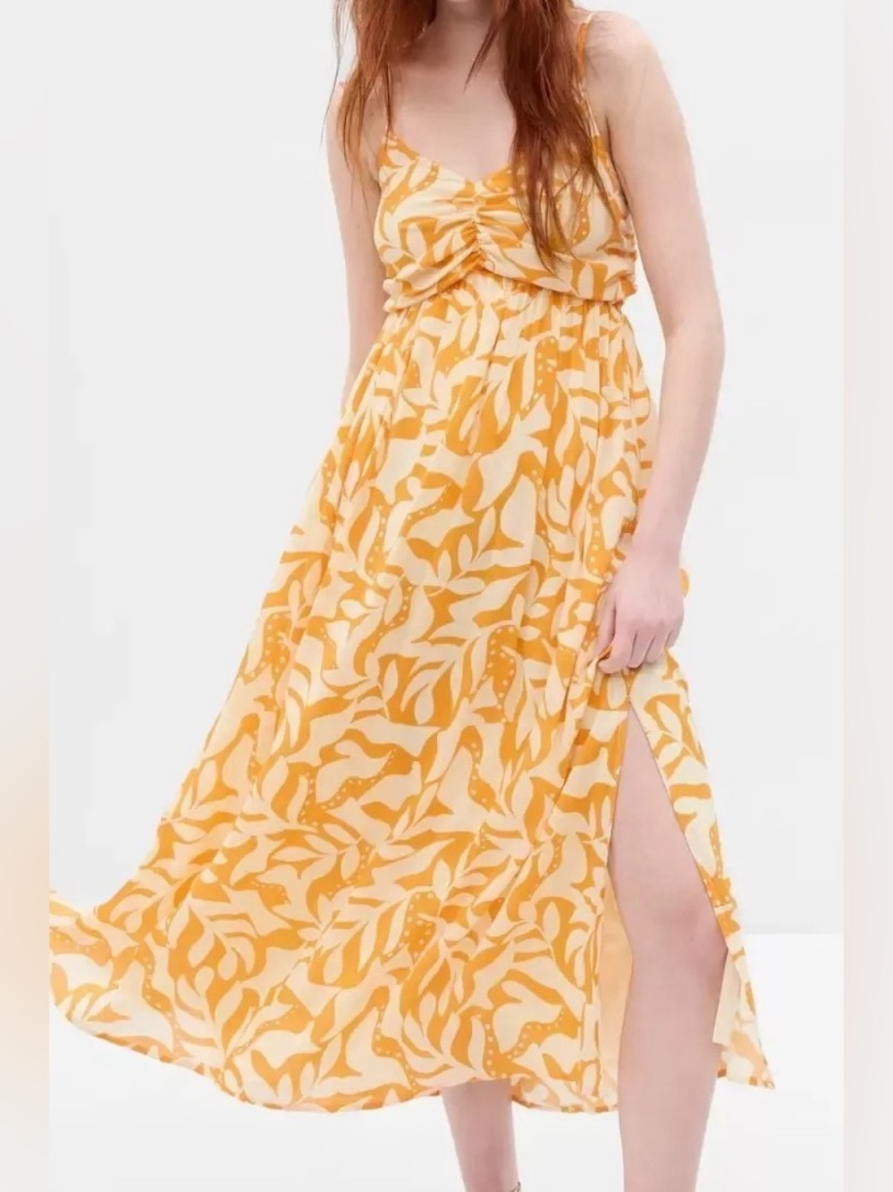 Gap Empire Waist Midi Dress Yellow Print